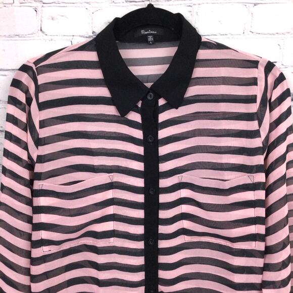 Monteau Sheer Sailor Stripe Collared Lightweight Button Down Front Pocket Top L - Picture 2 of 12